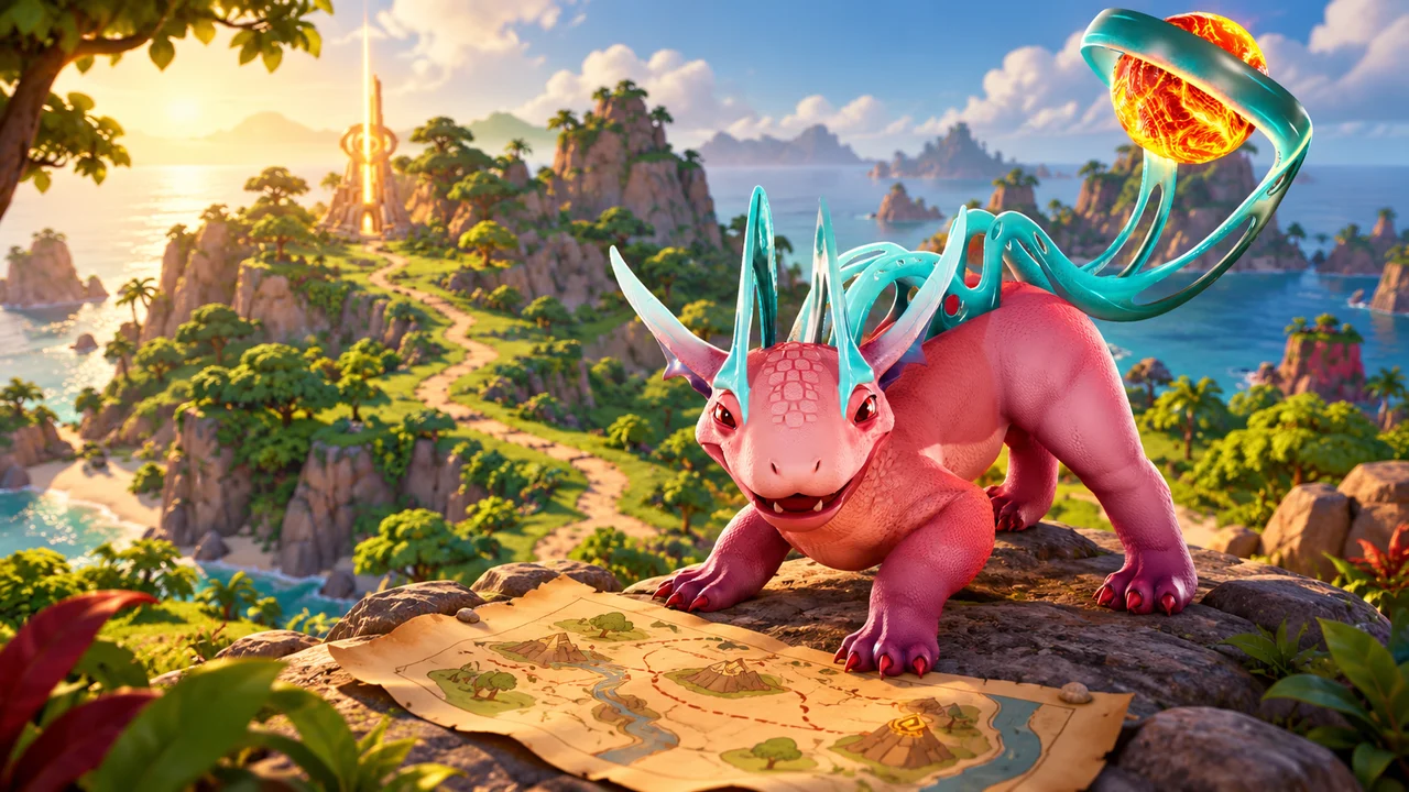 Flamisaur above an island path with a distant golden beacon and a folded route map