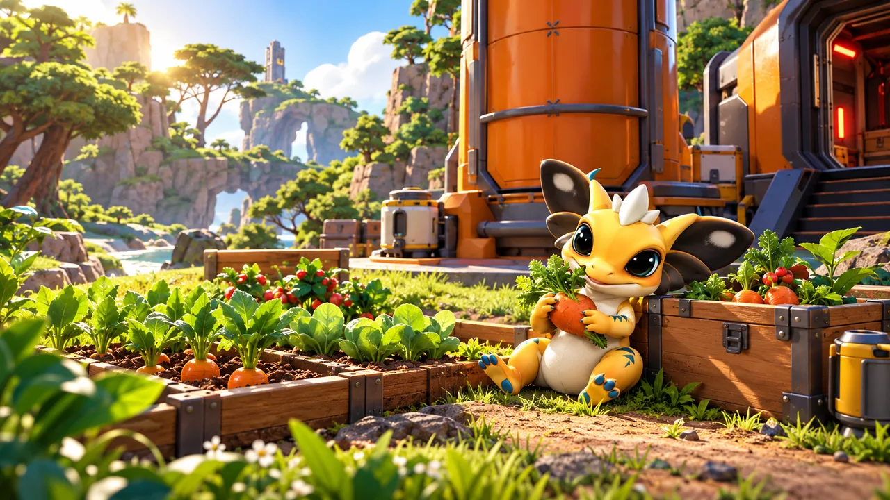 A yellow AneeMate creature resting beside a camp and small vegetable garden