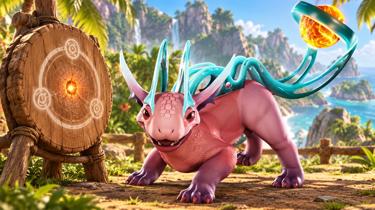 Flamisaur beside a wooden practice target with a small clear impact glow