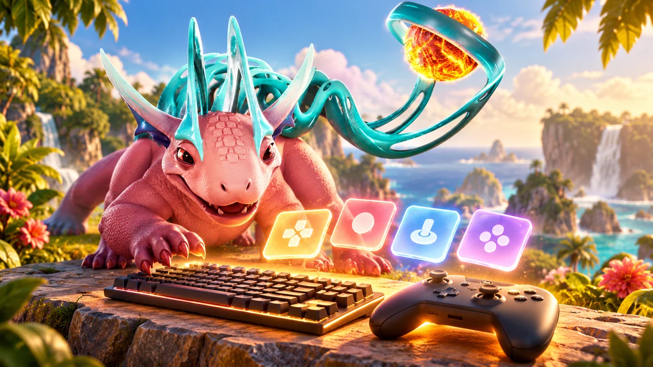 Flamisaur examines a keyboard, controller and symbolic action tiles