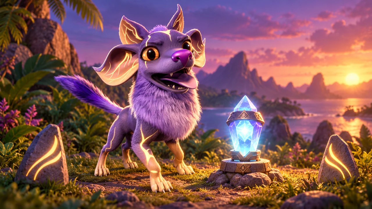 Siorika watches a glowing help beacon beside two island path markers