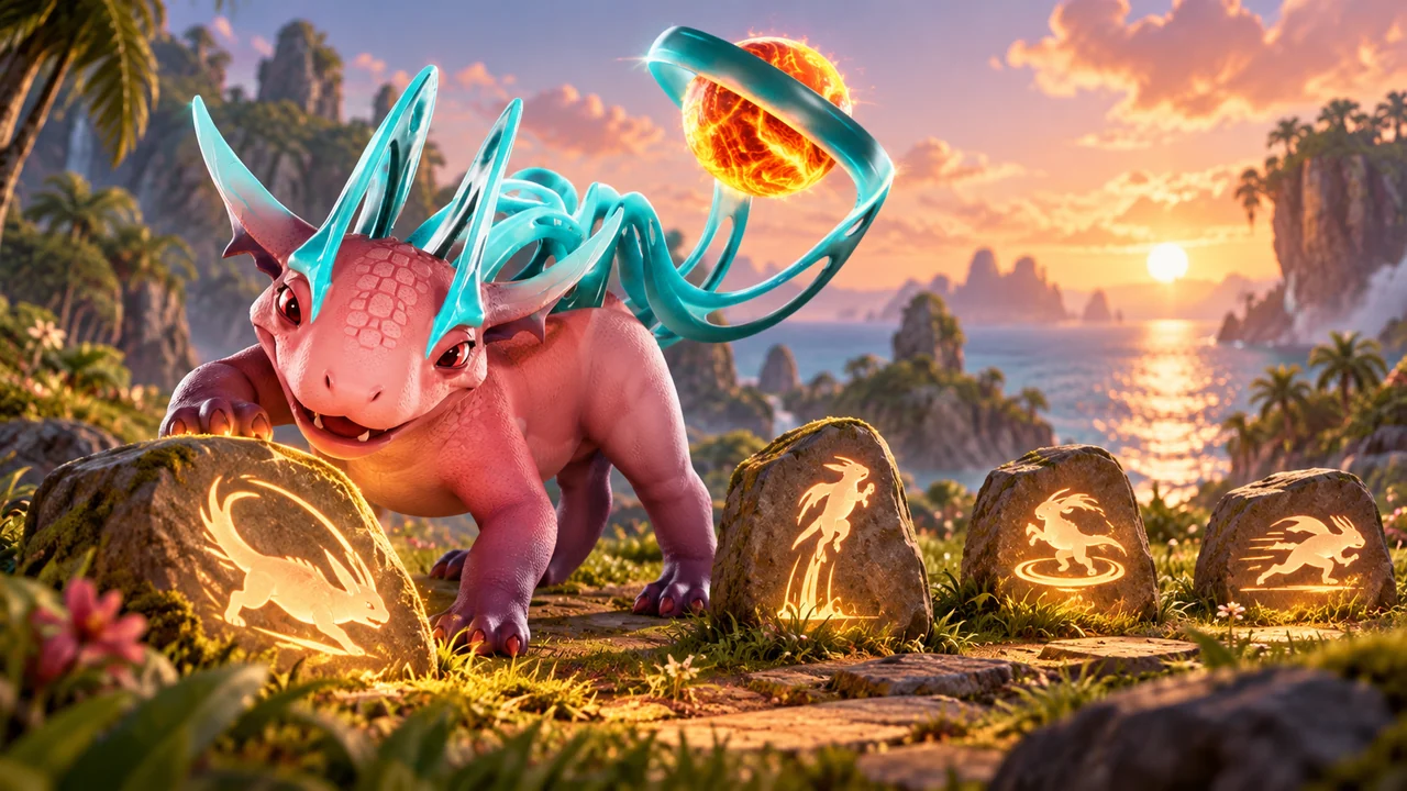 Flamisaur considers four glowing practice markers on an island
