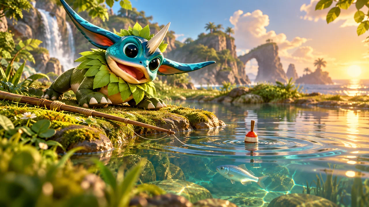 Batine watches a fishing float beside a sunlit island pond