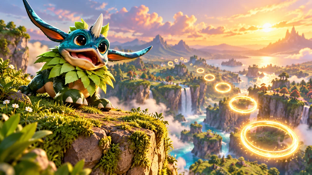 Siorika looks across a valley route with glowing golden orbs