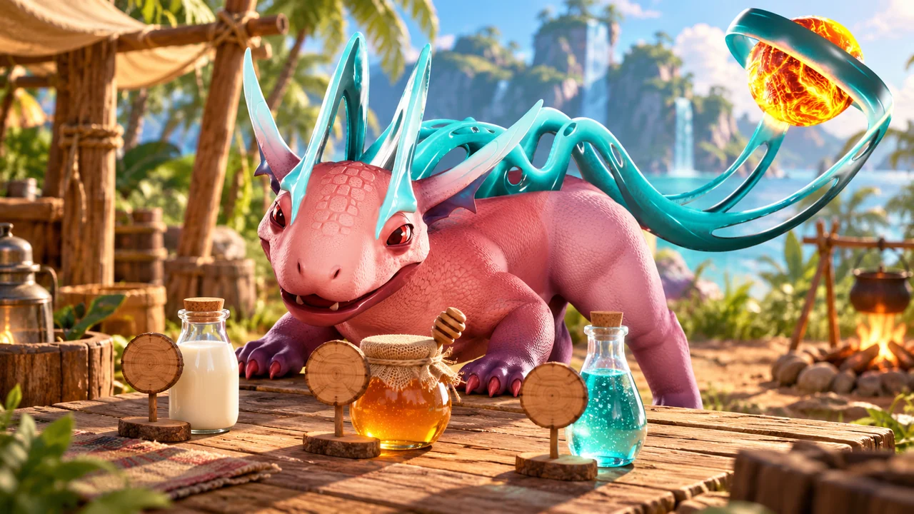 Flamisaur examines milk, honey and soda containers on an island worktable