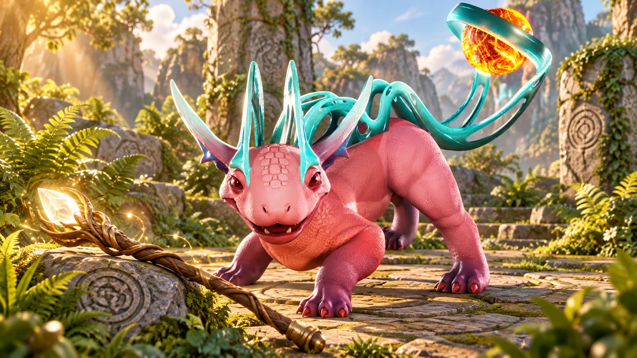 Flamisaur stands beside a crystal staff in an island clearing